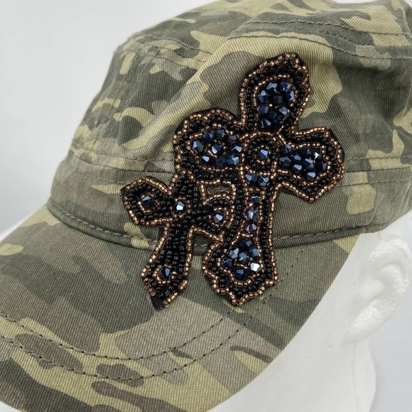 unknown Accessories - Women's One Size Camouflage Beaded Crosses Embellished Baseball Cap